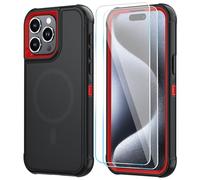 SunStory Magnetic for iPhone 15 Pro Case with HD Screen Protector, Compatible with MagSafe, 3-Layer Heavy Duty Full-Body Cover, 3 in 1 Hybrid Protective Case for iPhone 15 Pro 6.1",BlackRed