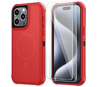 SunStory Magnetic for iPhone 15 Pro Case with HD Screen Protector, Compatible with MagSafe, 3-Layer Heavy Duty Full-Body Cover, 3 in 1 Hybrid Protective Case for iPhone 15 Pro 6.1",Red