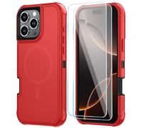 SunStory Magnetic for iPhone 16 Pro Case with HD Screen Protector, Compatible with MagSafe, 3-Layer Heavy Duty Full-Body Cover, 3 in 1 Hybrid Protective Case for iPhone 16 Pro 6.3",Red