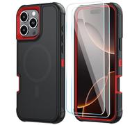 SunStory Magnetic for iPhone 16 Pro Case with HD Screen Protector, Compatible with MagSafe, 3-Layer Heavy Duty Full-Body Cover, 3 in 1 Hybrid Protective Case for iPhone 16 Pro 6.3",BlackRed