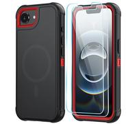 SunStory Magnetic for iPhone 16e Case with HD Screen Protector, Compatible with MagSafe, 3-Layer Heavy Duty Full-Body Cover, 3 in 1 Hybrid Protective Case for iPhone 16e 6.1",BlackRed