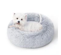 SunStyle Home Dog Bed Medium Size, Machine Washable Donut Round Calming Dog Bed, Anti-Anxiety Fluffy Plush Faux Fur with Anti-Slip Bottom Cushion for Medium and Large Pets(Grey, 27")