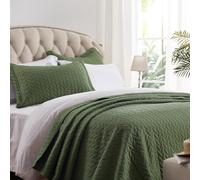 SunStyle Home Olive Green Twin Quilt Bedding Set, Lightweight Summer Bedspread Blanket, Twin Size Quilt, Luxury Quilted Stitching Coverlet with 1 Pillow Sham in Leaf Embroidered Pattern 2pcs Kids