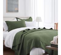 SunStyle Home Quilt Set Queen Olive Green Lightweight Bedspread Full Soft Reversible Coverlet for All Season 3pcs Army Green Square Quilted Quilted Bedding Sets (1 Quilt 2 Pillow Shams)(90"x96")