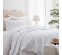 SunStyle Home Quilt Set White Twin Lightweight Bedspread Soft Reversible Coverlet for All Season 2pcs Leaf Embroidered Quilted Bedding Sets (1 Quilt 1 Pillow Sham)(68"x86")