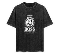 Suntory Boss Coffee Summer Casual Tee Short Sleeve Crew Neck Cotton Tops Unisex Washed Vintage T-Shirt Black XL