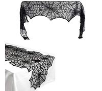SUNTRADE 2pack Halloween Fireplace Decoration Black Spiderweb Fireplace Mantle Scarf Cover and Black Table Runner Lace Cover for Halloween Party Decor