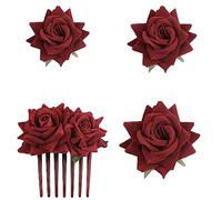 SUNTRADE 4 Pieces Women Rose Hairpin, Bridal Rose Brooch Hair Clip Wedding Floral Clips for Woman Girl Party Wedding (Wine Red)