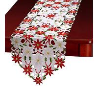 SUNTRADE Christmas Rectangle Embroidered Table Runners,Luxury Poinsettia and Holly Table Runner for Christmas Decorations,15 x 69 inch