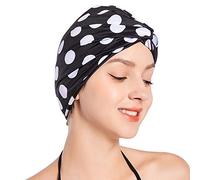 SUNTRADE Women Lady Girls Bathing Cap Long Short Hair Swiming Cap Pleated Knotted Turban Hats Non-Waterproof Swim Cap (Black-White)