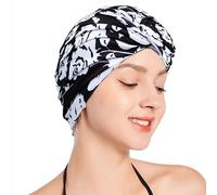 SUNTRADE Women Lady Girls Bathing Cap Long Short Hair Swiming Cap Pleated Knotted Turban Hats Non-Waterproof Swim Cap (Black-Rose)