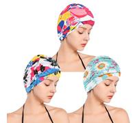 SUNTRADE Women Nylon Swim Caps, Fabric Cloth Pleated Elastic Swimming Cap Bathing Cap Swim Hats for Thick Curly Long Short Hair,3 pcs (flowers)