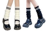 SUNTRADE Womens Knit Long Socks Leg Warmers,Japanese Kawaii Winter Boot Socks for 80s Eighty's Party Sports Yoga, 2 Pairs (Black+White)