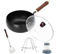 Suntuup Japanese Iron Pan - Hand-Forged Uncoated Wok with Spatula, Stand & Cleaning Brush, Naturally Non-Stick, Durable Yet Lightweight, for Gas & Induction Cooktops (Hammered glass lid, 24 cm)
