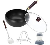 Suntuup Japanese Iron Pan - Hand-Forged Uncoated Wok with Spatula, Stand & Cleaning Brush, Naturally Non-Stick, Durable Yet Lightweight, for Gas & Induction Cooktops (Glossy glass lid, 28 cm)