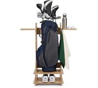 SUNUCO Golf Bag Storage Rack Organizer, All-in-One Wooden Golf Bag Rack and Equipment Accessories with Lower Shoe Compartment & Side Gadget Tray for Simulator, Driving range or Garage