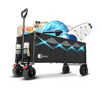 Sunula 400L Folding Festival Trolley, 440LB Capacity Heavy Duty Collapsible Beach Wagon with Big All-Terrain Wide Wheels, Drink Holders, Brake, Foldable Outdoor Cart for Garden Camping, Black Grey