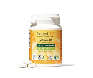 SunVit-D3 Vitamin D3 400IU with Added 500mg Calcium Lemon Tablets - Support The Maintenance of Bone, Teeth, Muscle & Immune System - 60 Lemon Chewable Tablets