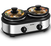 Sunvivi Dual Pot Slow Cooker, 2 Pot Small Mini Crock Buffet Server and Warmer, Upgraded Oval Ceramic Double Pot Buffet Food Warmer Adjustable Temp Glass Lid, Total 2.5 Quarts