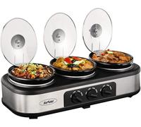Sunvivi Slow Cooker, Triple Slow Cooker Buffet Server and Food Warmer, 3-Section 1.65L Upgraded Oval Ceramic Pot with Stainless Steel Lid Rests, 3 Spoons, Total 5L