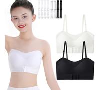 Sunvivid Girls Strapless Bandeau Bra 2 Pack Dance Ballet Bras Seamless Underwear with Removable Bust Pads and Replace Straps Bralettes for Teen 10-12 Years