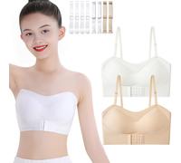 Sunvivid Girls Strapless Bandeau Bra 2 Pack Dance Ballet Bras Seamless Underwear with Removable Bust Pads and Replace Straps Bralettes for Teen 14-16 Years