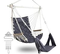 SUNWAY Hammock Swing Chair with Adjustable Footrest & Headrest-Quilted Fabric&Steel Spreader Bar;350lbs Capacity;Hanging Chair with Wooden Armrests for Porch/Garden;3;Hardware kit Included;Dark Grey