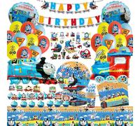 SunwE Thomas Party Tableware Set, Children's Birthday Decoration, Birthday Locomotive, Theme Balloons, Plates, Cups, Napkins, Balloons, Pack of 101