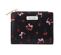 Sunwel Fashion Cherry Prints Rose Wallet Small Bifold Wallet with Zipper Coin Purse Card Holder ID Window for Women Girls, BLACK, S, Coquette