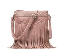 Sunwel Fashion Fringe Crossbody Bag with Rivets Western Purse Vegan Leather Tassel Shoulder Crossbody Bag for Women, Dusty Pink