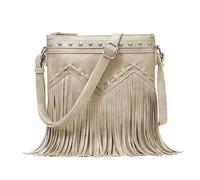 Sunwel Fashion Fringe Crossbody Bag with Rivets Western Purse Vegan Leather Tassel Shoulder Crossbody Bag for Women, Beige