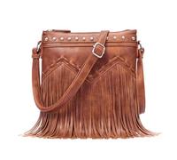 Sunwel Fashion Fringe Crossbody Bag with Rivets Western Purse Vegan Leather Tassel Shoulder Crossbody Bag for Women, Dark Brown, Double Straps