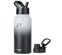 SUNWILL Metal Water Bottle 1l Stainless Steel, Insulated Leakproof Thermal Flask with Straw and 2 Lids for Cold and Hot Drink, Running, Sports, Gym, Travel, Gradiant Black White