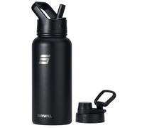 SUNWILL Metal Water Bottle 1l Stainless Steel, Insulated Leakproof Thermal Flask with Straw and 2 Lids for Cold and Hot Drink, Running, Sports, Gym, Travel, Black