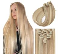Sunya Clip in Hair Extensions Ash Blonde With Highlited Blond Real Human Hair Extenion Clip in 14 Inch Invisible Remy 7 Pcs 70g/Pack