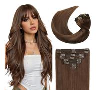 Sunya Clip in Hair Extensions Real Human Chocolate Brown 12 Inch 8 Pcs | 100g Remy Human Hair, Silky Straight Texture, Double Weft, Invisible Reusable Added Length & Volume