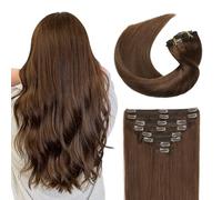 Sunya Clip-In Real Hair Extensions, Chocolate Brown, Clip-In Human Hair Extensions, Seamless, Natural, Straight Hair Extensions for Women, 55 cm, 120 g, 8 Pieces