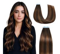 Sunya Tape-In Extensions Real Hair Balayage Dark Brown to Chestnut Brown Invisible Tapes Real Hair Extension Adhesive Natural Straight Human Hair Skin Weft P2/6/T2 35 cm 40 g 20 Pieces per Pack