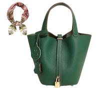 SUNYBRIG Women's Genuine Leather Bucket Bag Fashion Leather Handbag Lock Design Top-handle Purses Shoulder Handbag (Dark Green)