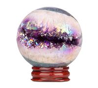 SUNYIK 51-60mm Purple Titanium Coated Quartz Geode Ball Sphere with Stand Crystal Opening Cornucopia Orb Ball Cluster Specimen Display for Decor Feng Shui Meditation