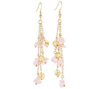 SUNYIK Natural Crystal Chip Stones Dangle Earrings for Women, Long Triple Chain Tumbled Stones Drop Earrings for Ladies, Rose Quartz Crystal Stone Copper, rose quartz crystal stone