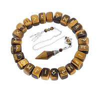 SUNYIK Tiger's Eye Engraved Rune Stone Set & 12 Faceted Crystal Point Pendulum, Elder Futhark Alphabet Wicca Crystal Kit for Dowsing Divination