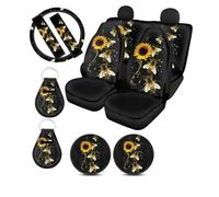 Suobstales Bee Sunflower Car Seat Covers Full Set with Wheel Steering Covers You are My Sunshine Vehicle Seats Protector,Seat Belt Pads,Keychain,Coasters for Auto Truck Van SUV