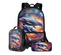 Suobstales Dolphin Galaxy Print Backpack for Kids Boys School Backpack Set for Teens Messenger Shoulder Bag Insulated Lunch Bag Pencil Case, Pack of 3