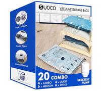 SUOCO 20 Combo Vacuum Storage Bags with Electric Pump, (4 Jumbo, 4 Large, 6 Medium, 6 Small) Travel Clothes Space Saver Bags, Compression Airtight Seal Bags for Clothing, Pillows, Comforters, Blankets