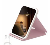 suonee 10 Inch HD Makeup Mirror with LED Lights, Portable Folding Travel Mirror, Leather Case, Rechargeable Dimmable Vanity Mirror for Professional Makeup Artist, Home (Pink)