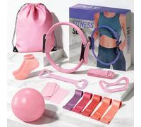 SUOOCH Pilates Ring Set for Women, Pilates Equipment Set, Pilates Kit for Home Workouts with Resistance Bands, 12'' Magic Circle, Mini Ball, Toning and Flexibility, Non-Slip Socks, 13 Pack Total, Pink
