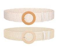 SUOSDEY 2 Pieces Straw Woven Elastic Stretch Waist Belt Women Skinny Dress Belt Ladies Boho Straw Braided Dress Belt Buckle Waist Dress Band…Beige Stripe