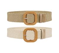 SUOSDEY 2 Pieces Straw Woven Elastic Stretch Waist Belt Women Skinny Dress Belt Ladies Boho Straw Braided Dress Belt Buckle Waist Dress Band