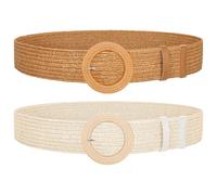 SUOSDEY 2 Pieces Straw Woven Elastic Stretch Waist Belt Women Skinny Dress Belt Ladies Boho Straw Braided Dress Belt Buckle Waist Dress Band…Beige Brown